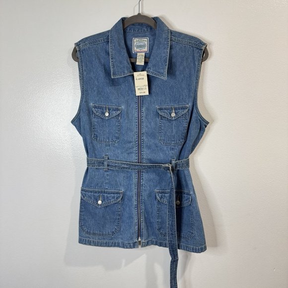 NWT Vintage St. John's Bay Denim Vest XL 90s Jean Zip Front Pockets Belted Blue - Picture 1 of 8